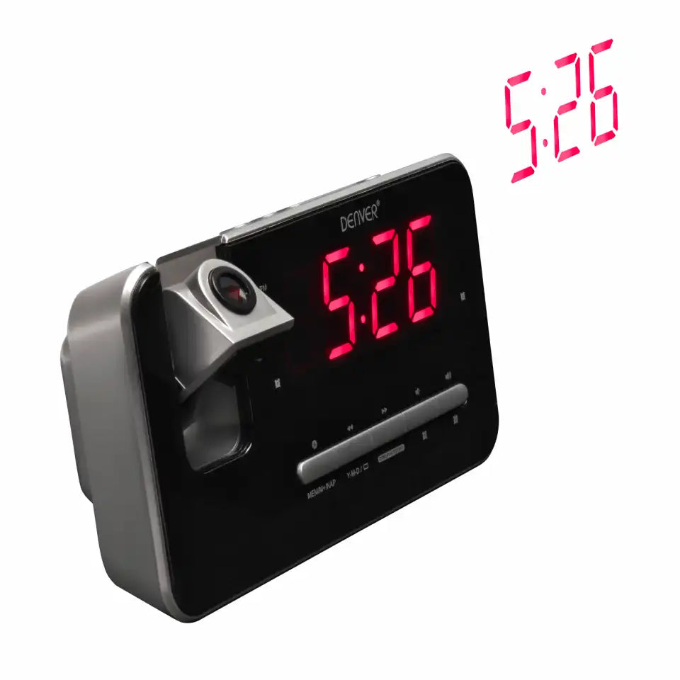 Radio reloj FM Denver PLL con alarma dual, proyección de reloj de 180° y pantalla LED de 1,2" | CRP-618